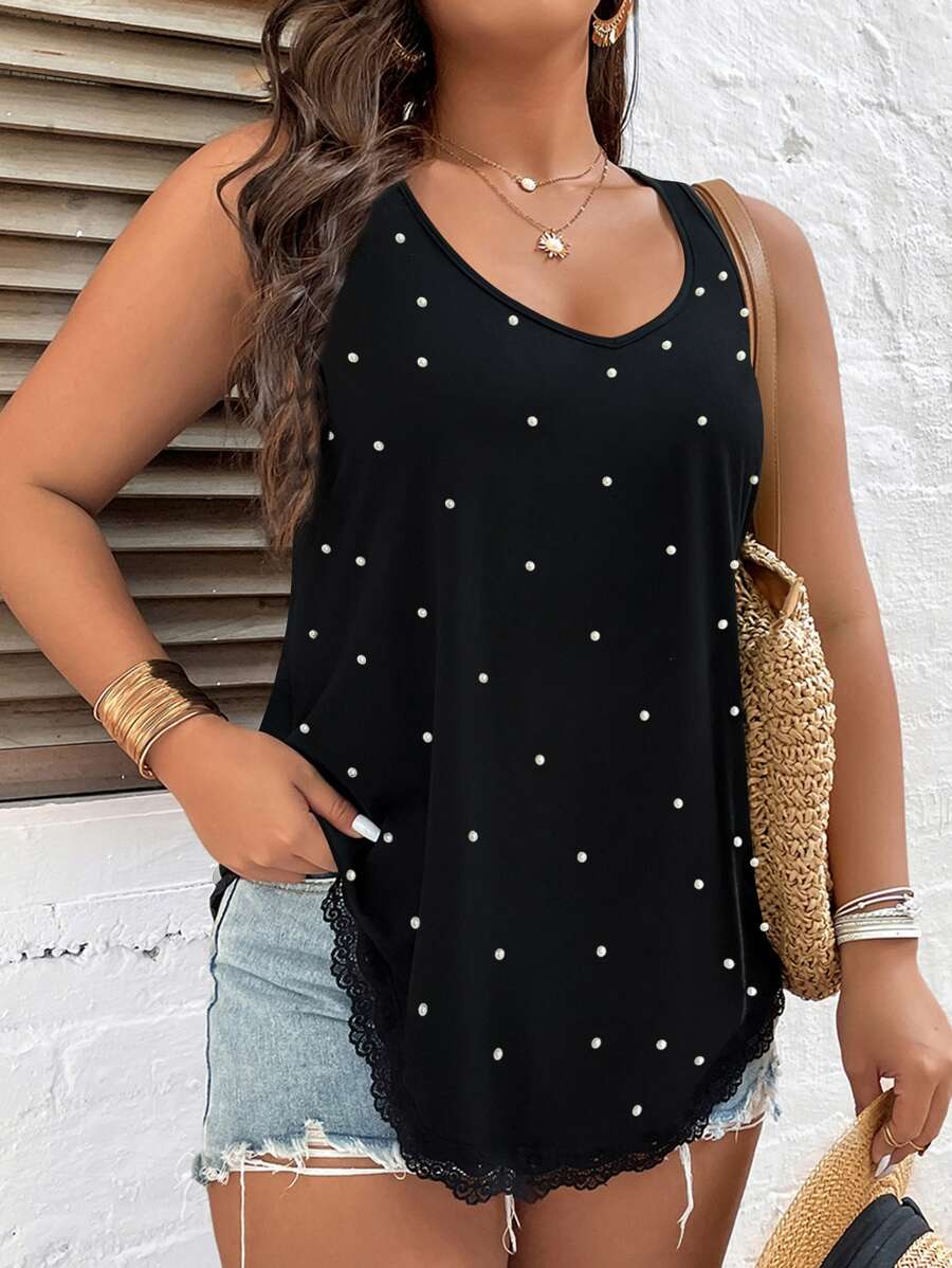 SHEIN LUNE Plus Pearls Beaded Lace Trim Tank Top - Black - View 1