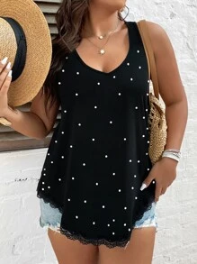 SHEIN LUNE Plus Pearls Beaded Lace Trim Tank Top - Black - View 4