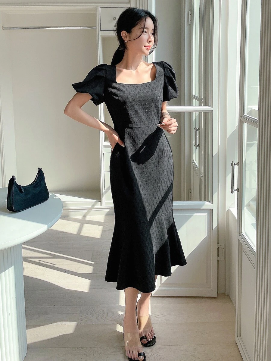 DAZY Vestido unicolor de manga farol bajo con fruncido - Negro - Ver 1