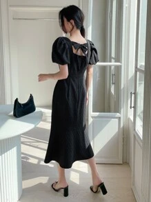 DAZY Vestido unicolor de manga farol bajo con fruncido - Negro - Ver 2