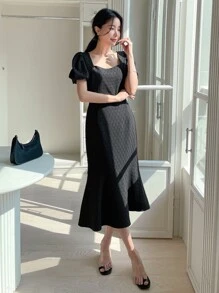 DAZY Vestido unicolor de manga farol bajo con fruncido - Negro - Ver 3