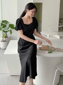 DAZY Vestido unicolor de manga farol bajo con fruncido - Negro - Ver 4