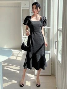 DAZY Vestido unicolor de manga farol bajo con fruncido - Negro - Ver 5