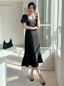 DAZY Vestido unicolor de manga farol bajo con fruncido - Negro - Ver 7