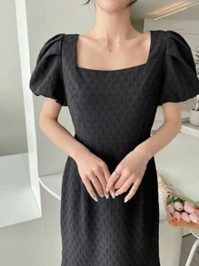 DAZY Vestido unicolor de manga farol bajo con fruncido - Negro - Ver 8