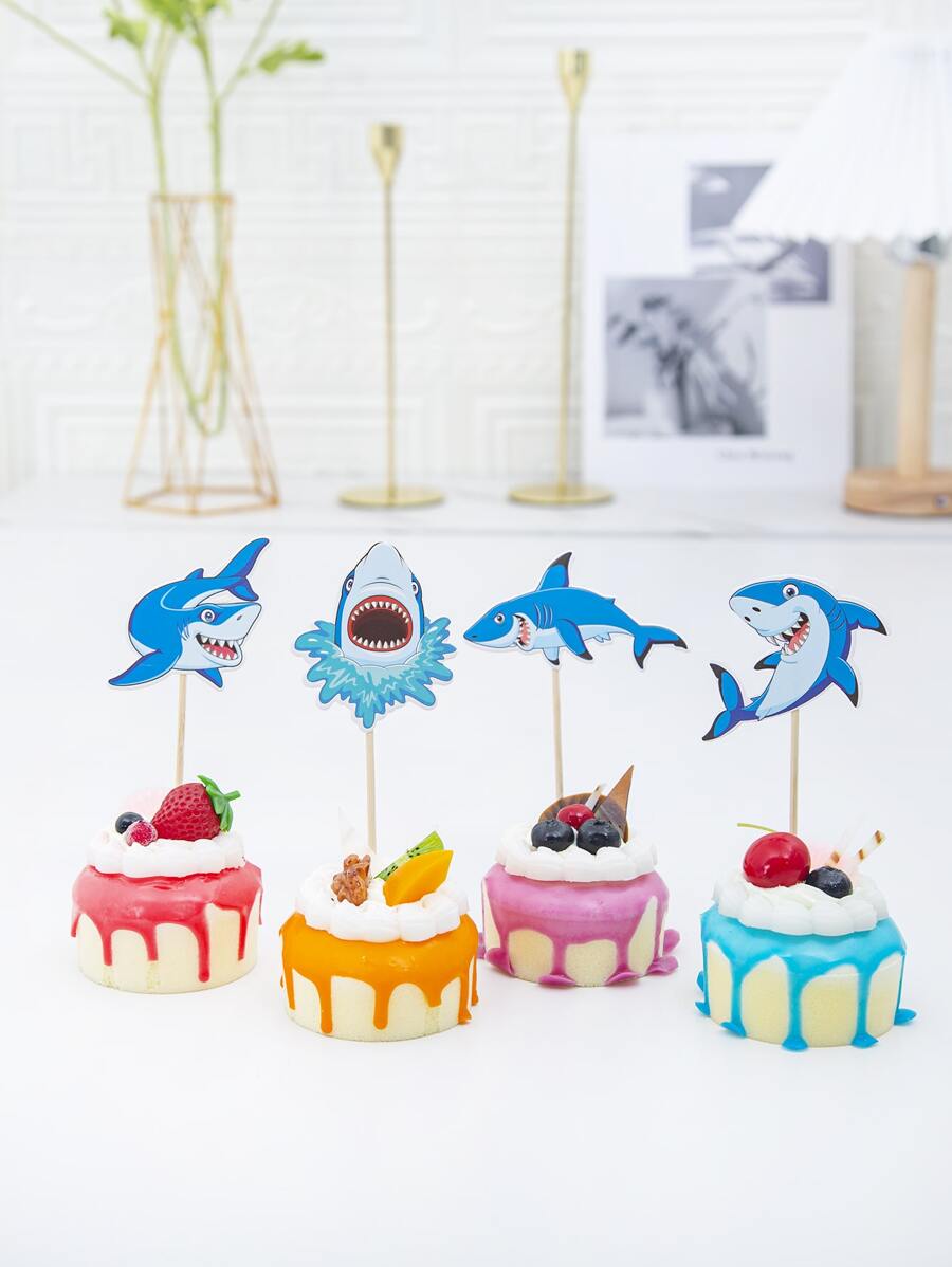 8pcs Paper Cake Topper, Modern Shark Pattern Cake Top Decoration For Birthday Party - Multicolor - View 1
