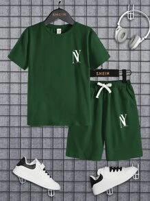 SHEIN 男孩字母圖案T恤和腰部抽繩短褲 - 墨綠色 - 查看 1