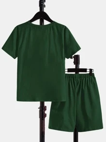 SHEIN 男孩字母圖案T恤和腰部抽繩短褲 - 墨綠色 - 查看 2