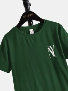 SHEIN 男孩字母圖案T恤和腰部抽繩短褲 - 墨綠色 - 查看 3