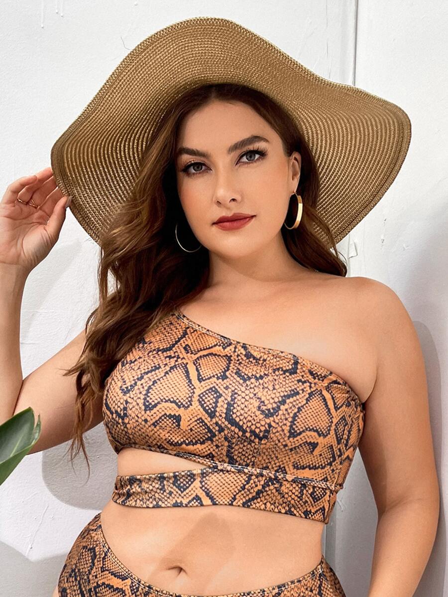 Top bikini con estampado de piel de serpiente de un hombro - Multicolor - Ver 1