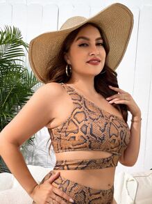 Top bikini con estampado de piel de serpiente de un hombro - Multicolor - Ver 4