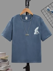 SHEIN Tween Boy Casual Crane & Slogan Graphic Dropped Shoulder T-Shirt, Simple & Comfortable Daily Summer - Dusty Blue - View 2