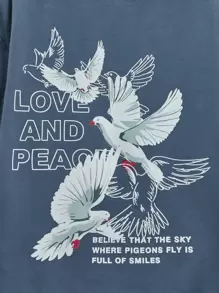 SHEIN Tween Boy Casual Crane & Slogan Graphic Dropped Shoulder T-Shirt, Simple & Comfortable Daily Summer - Dusty Blue - View 4