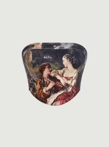 SHEIN Essnce Plus Figure Graphic Bandana Hem Tube Denim Top - Multicolor - View 1