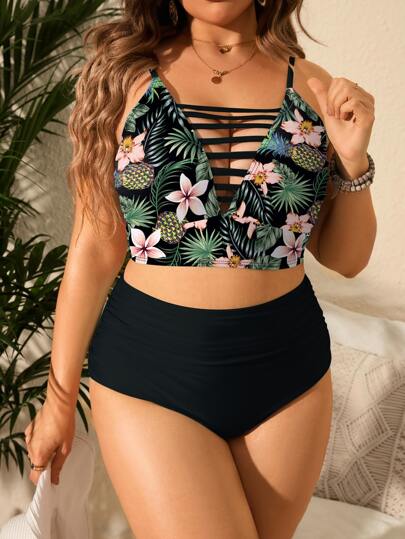 Swim Lushoire Summer Beach Plus Size Tropical Print Cut Out High Waist Bikini Set