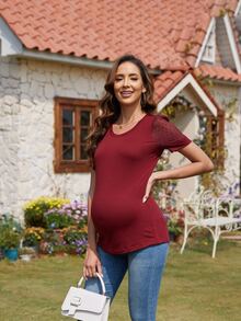 Maternity Dobby Mesh Puff Sleeve Top - Maroon - View 1