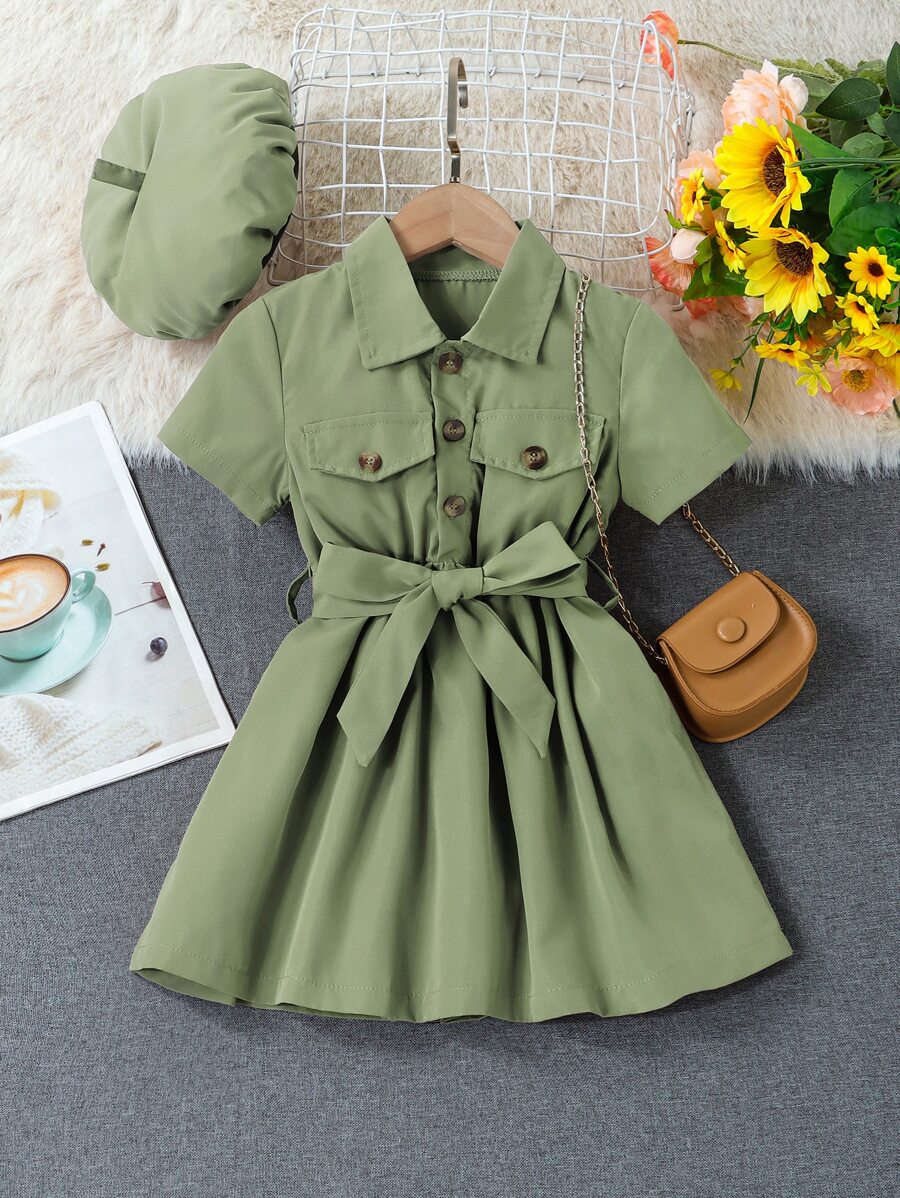 小女童翻蓋細節腰帶襯衫連衣裙和配件帽不附帶包 - 綠色 - 查看 1