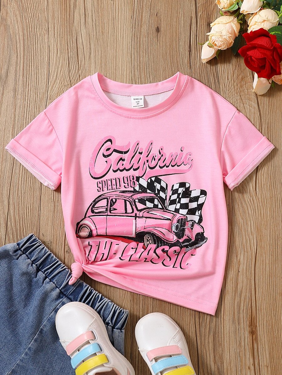 SHEIN 女小童粉色汽車和字母圖案休閒可愛T恤帶圓形領口和落肩袖袖適合夏天 - 粉色 - 查看 1