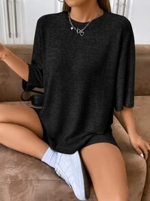 SHEIN EZwear 素色落肩T恤和騎行褲 - 黑色 - 查看 1