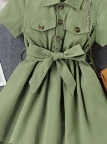 小女童翻蓋細節腰帶襯衫連衣裙和配件帽不附帶包 - 綠色 - 查看 3