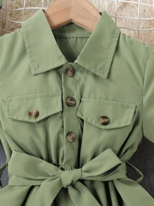 小女童翻蓋細節腰帶襯衫連衣裙和配件帽不附帶包 - 綠色 - 查看 4