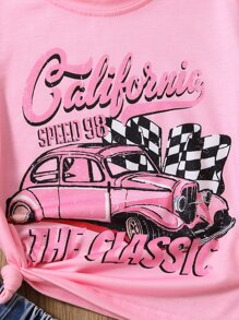 SHEIN 女小童粉色汽車和字母圖案休閒可愛T恤帶圓形領口和落肩袖袖適合夏天 - 粉色 - 查看 3