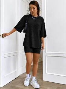 SHEIN EZwear 素色落肩T恤和騎行褲 - 黑色 - 查看 4