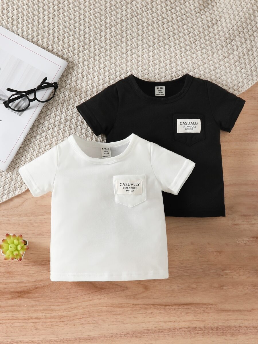 Baby Boy 2pcs Letter Patched Pocket Front Tee - Black and White - View 1