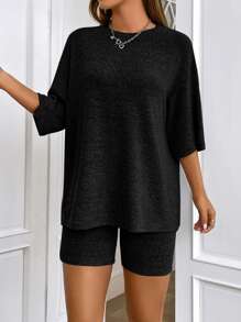 SHEIN EZwear 素色落肩T恤和騎行褲 - 黑色 - 查看 6