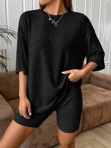 SHEIN EZwear 素色落肩T恤和騎行褲 - 黑色 - 查看 7