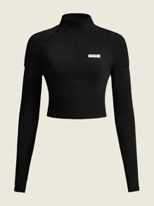 SHEIN ICON Spring Outfits 3 Colors Half Turtle Neck Zipper Plain Slim Fit Long Sleeve T-Shirt - Black - View 1
