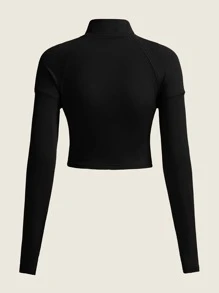 SHEIN ICON Spring Outfits 3 Colors Half Turtle Neck Zipper Plain Slim Fit Long Sleeve T-Shirt - Black - View 2