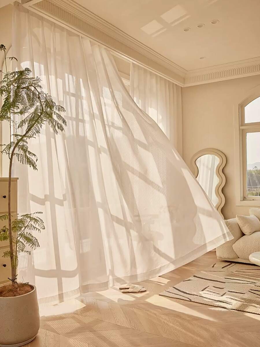 White Sheer Panel Curtain, Modern Polyester Light Filtering Privacy Sheer Curtain For Home - White - View 1