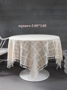 鏤空流蘇裝飾桌布波西米亞滌綸編織設計家用圓桌墊 - 米色 - 查看 2