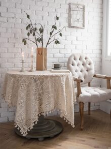 鏤空流蘇裝飾桌布波西米亞滌綸編織設計家用圓桌墊 - 米色 - 查看 3