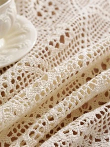 鏤空流蘇裝飾桌布波西米亞滌綸編織設計家用圓桌墊 - 米色 - 查看 4