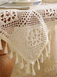 鏤空流蘇裝飾桌布波西米亞滌綸編織設計家用圓桌墊 - 米色 - 查看 5
