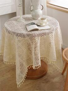 鏤空流蘇裝飾桌布波西米亞滌綸編織設計家用圓桌墊 - 米色 - 查看 6
