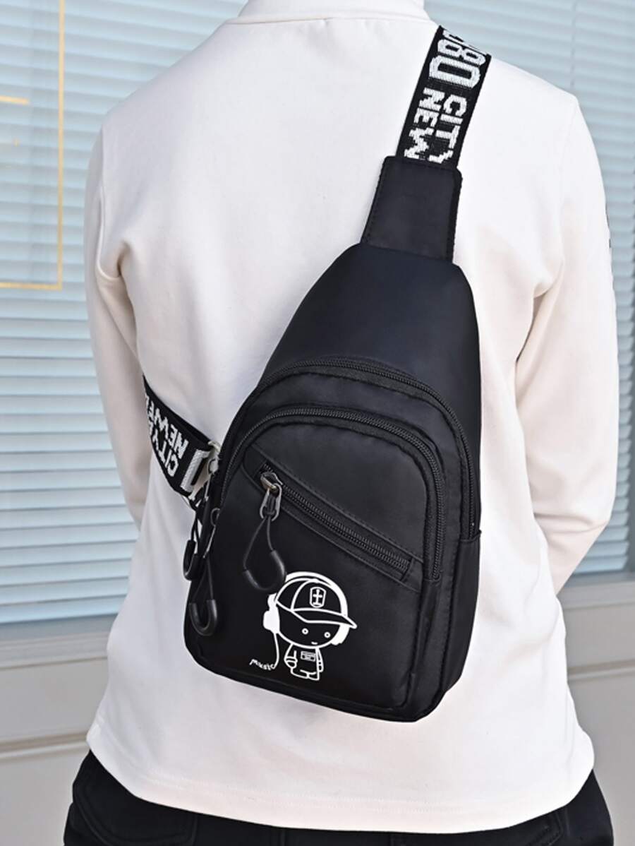 Cartoon Print Sling Bag Unisex Style - Black - View 1