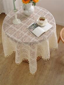 鏤空流蘇裝飾桌布波西米亞滌綸編織設計家用圓桌墊 - 米色 - 查看 7