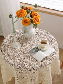 鏤空流蘇裝飾桌布波西米亞滌綸編織設計家用圓桌墊 - 米色 - 查看 8