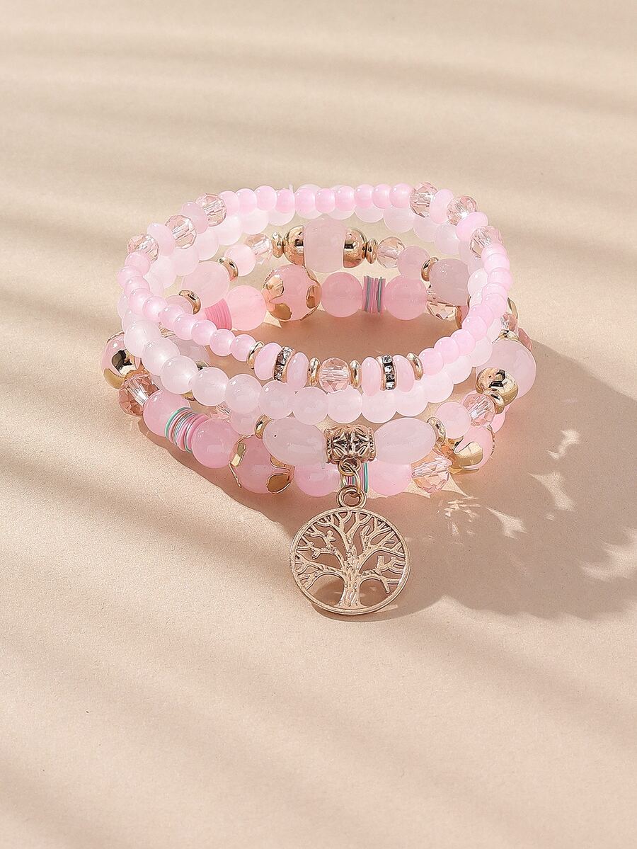 4pcs Bohemian Style Popular European And American Handmade Beaded Tree Of Life Bracelet Set For Men & Women, Perfect For Vacation, Party, Nightclub - Pink - View 1