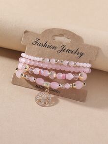 4pcs Bohemian Style Popular European And American Handmade Beaded Tree Of Life Bracelet Set For Men & Women, Perfect For Vacation, Party, Nightclub - Pink - View 2