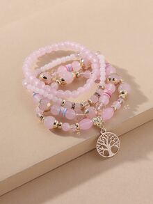 4pcs Bohemian Style Popular European And American Handmade Beaded Tree Of Life Bracelet Set For Men & Women, Perfect For Vacation, Party, Nightclub - Pink - View 5