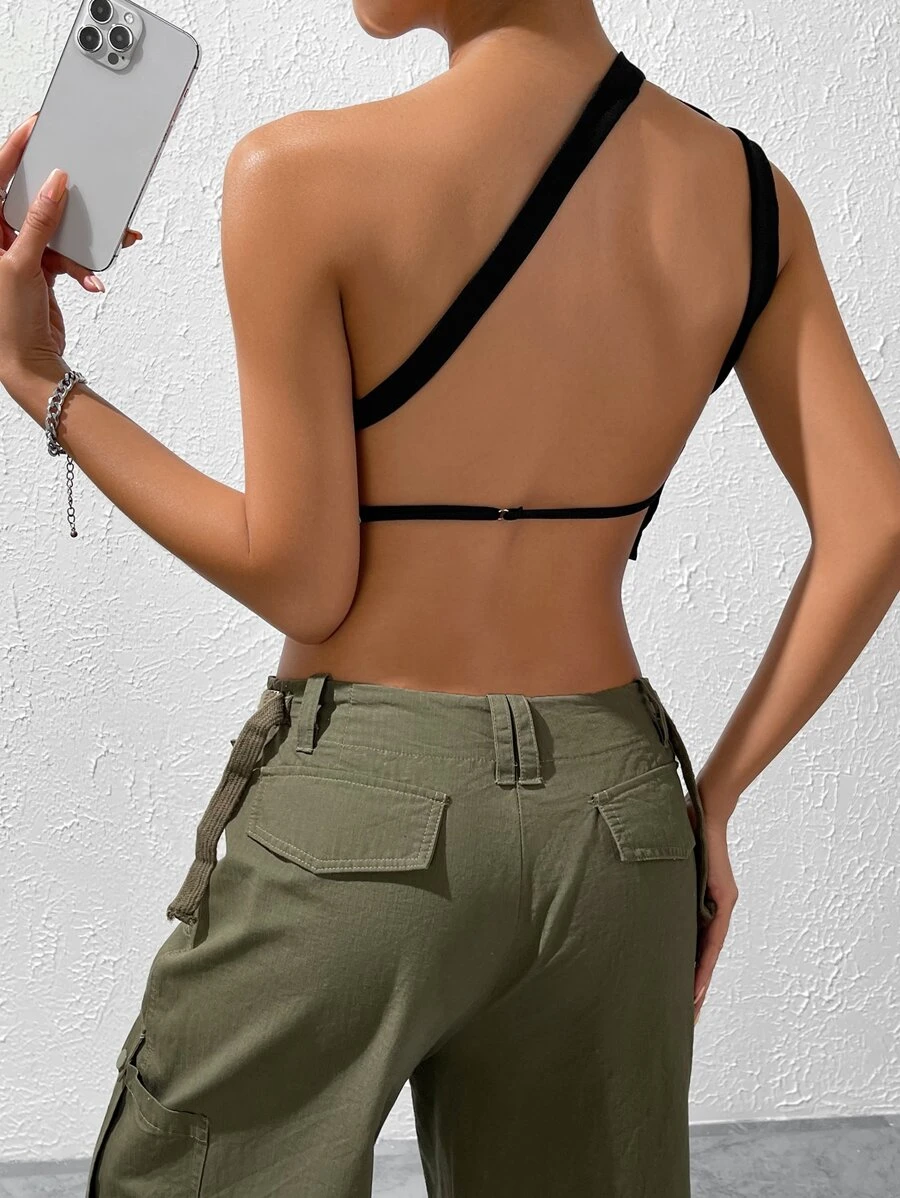 SHEIN ICON One Shoulder Crop Top - Black - View 1