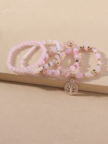 4pcs Bohemian Style Popular European And American Handmade Beaded Tree Of Life Bracelet Set For Men & Women, Perfect For Vacation, Party, Nightclub - Pink - View 6