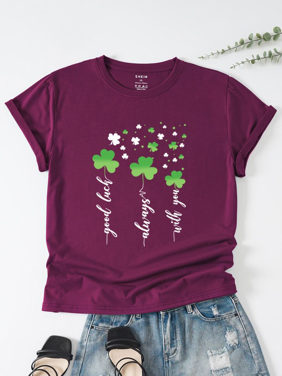 SHEIN LUNE Plus Clover And Letter Graphic Tee - Purple - View 1