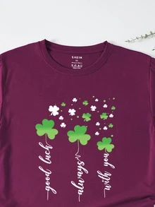 SHEIN LUNE Plus Clover And Letter Graphic Tee - Purple - View 3