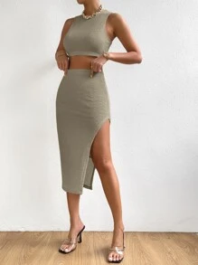 SHEIN Privé Solid Crop Tank Top & Split Thigh Skirt - Army Green - View 3