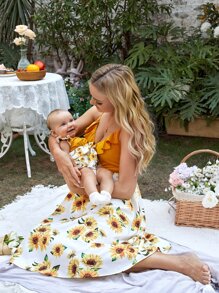 SHEIN Maternity 1pc Sunflower Print Ruffle Trim Cami Dress - Multicolor - View 3